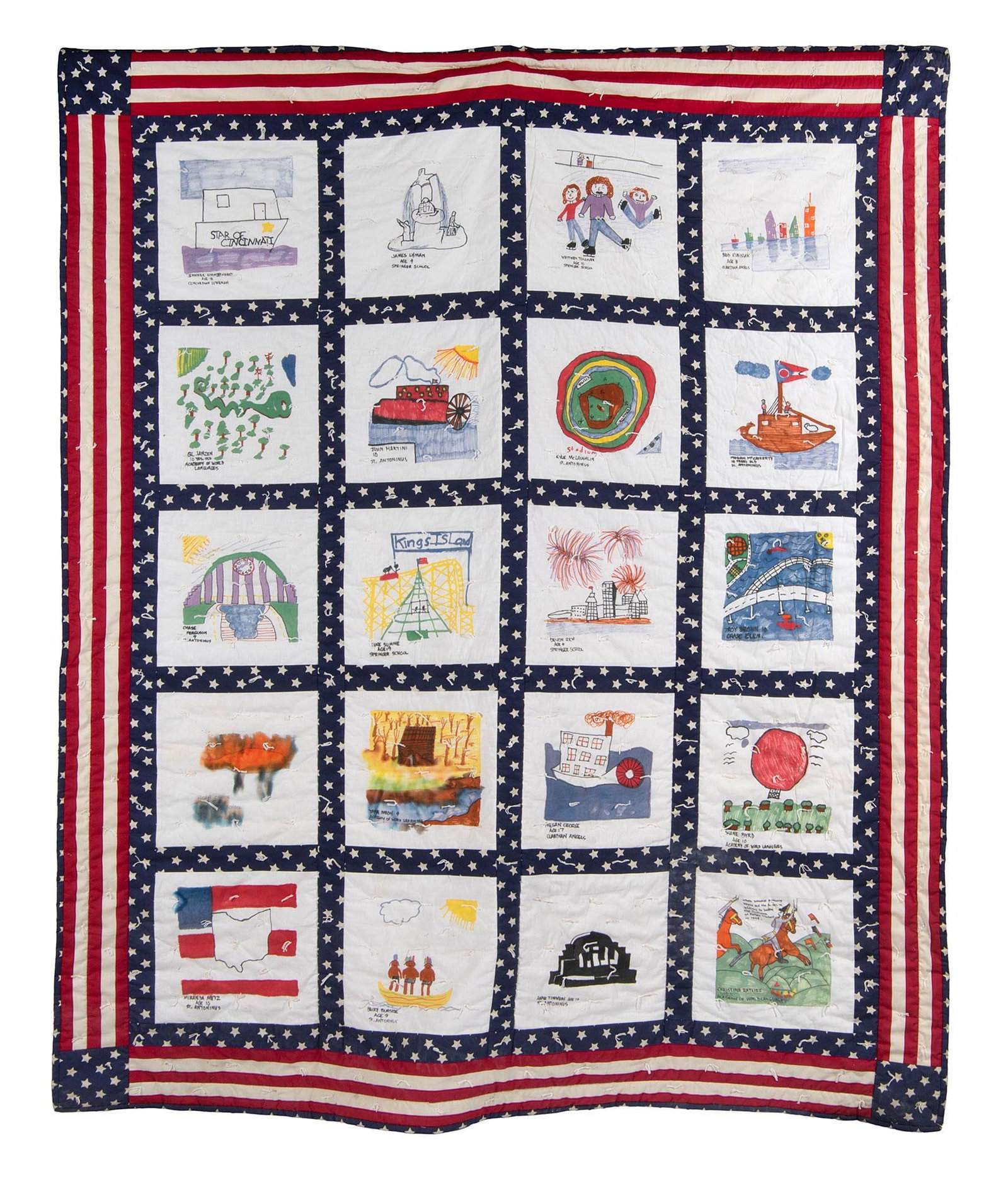 Vintage American History Quilt: American, 20th century. A Cincinnati History paneled quilt by the Cincinnati Historical Society. Made by members of Ohio Valley Quilters Guild circa 1994. Quilt having Stars and Strips bordering with 
