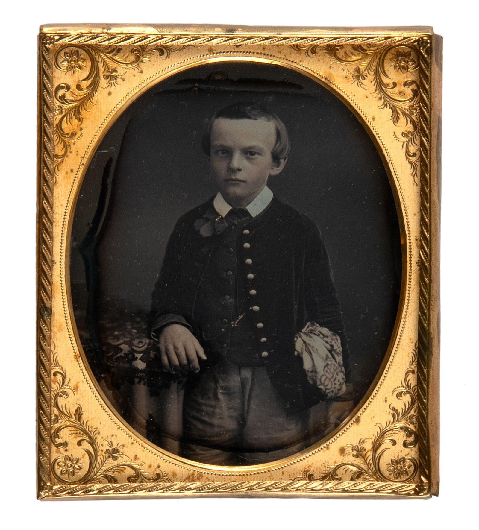 Quarter Plate Daguerreotype of a Young Boy: A fine quarter plate daguerreotype of young boy finely dressed and posted for image. Good sharp image but missing case.