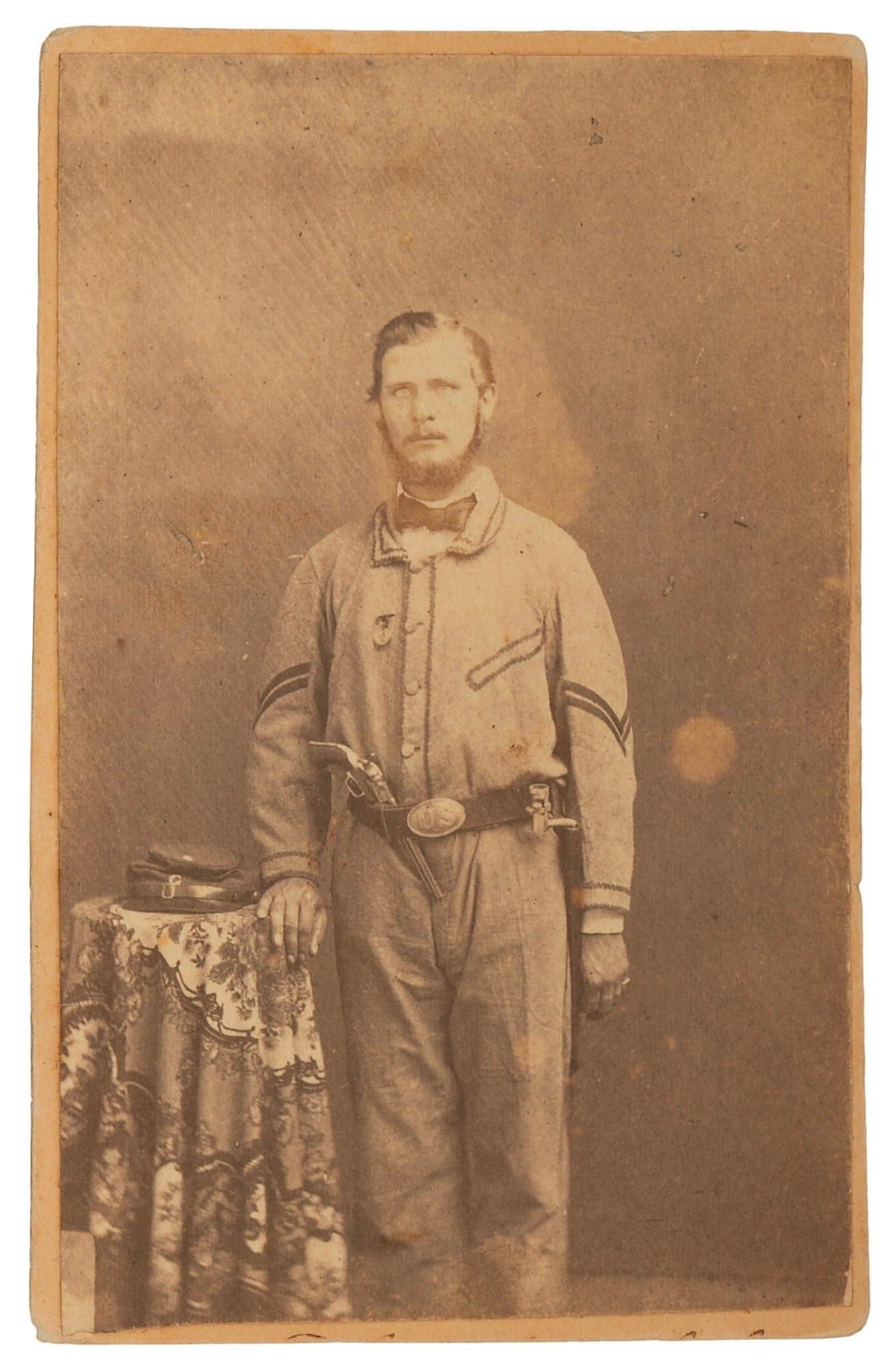 CDV of a Militia Soldier: CDV image of Adolph F. Lindberg who enlisted on 4/15/1861 as a Corporal. On 4/30/1861 he mustered into "G" Co. MA 8th Infantry and was Mustered out on 8/1/1861 atr Boston, MA.