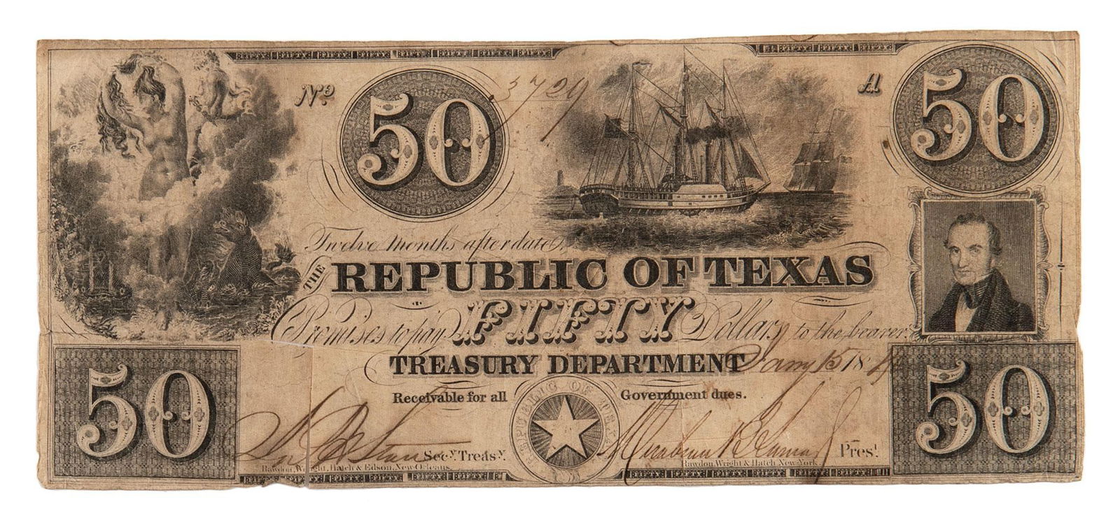 Republic of Texas Fifty Dollar Bank Note (1 of 2)