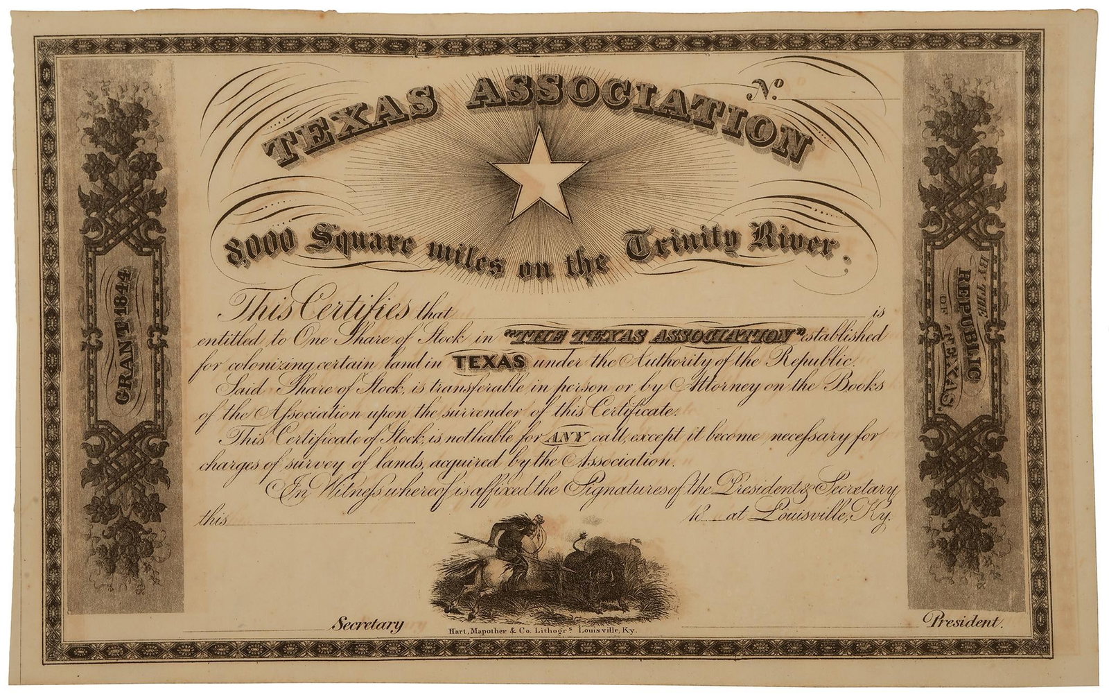 Very Rare Republic of Texas Association Stock Certificate: Very rare Republic of Texas Association stock certificate for Mercer Colony. The certificate was for Charles Fenton Mercer to settle families along the Trinity River. This one is unused and in just ab