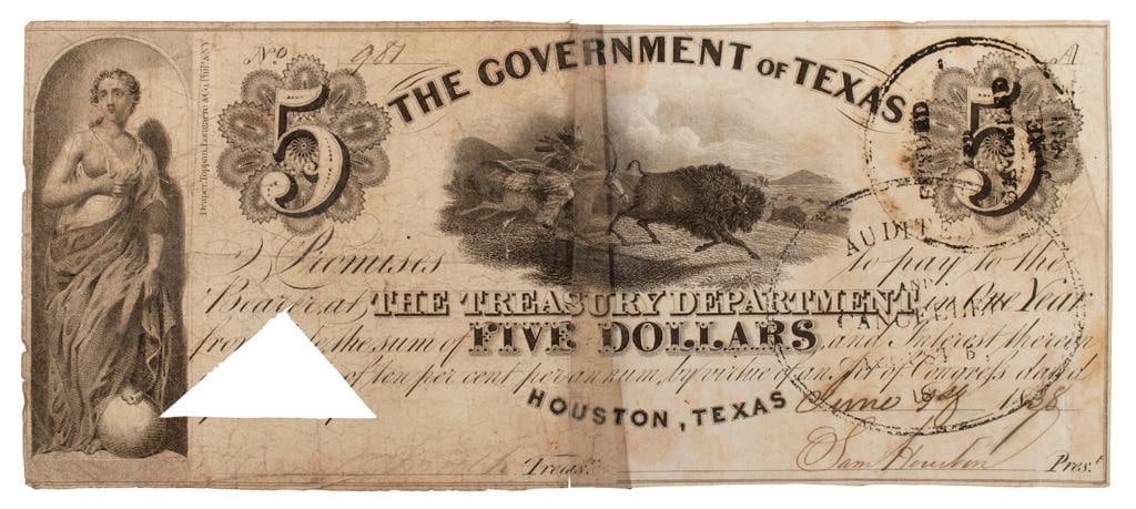 Republic of Texas $5 Promissory Note Signed Sam Houston (1 of 1)