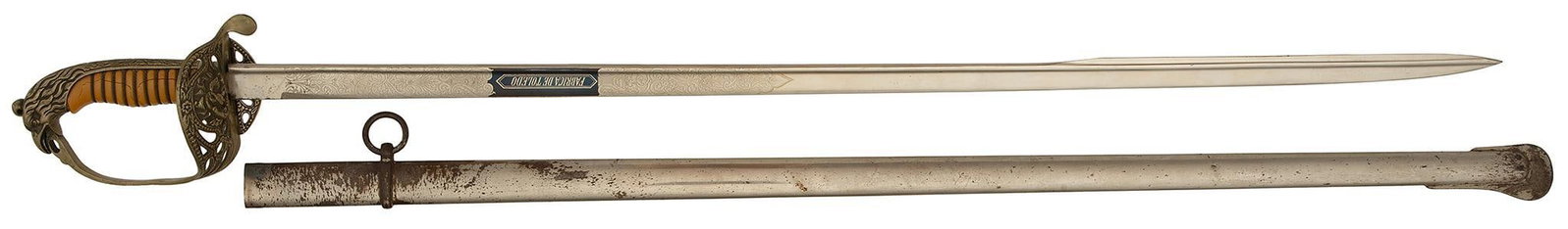Mexican Model 1880 Cavalry Officers Sword with Eagle Pommel: 31" rolled etched blade. Features a bone handle wrapped in wire.finished with a folding D guard. This sword also includes nickle plated scabbard. Most Bluing present on both sides of the quillback bla