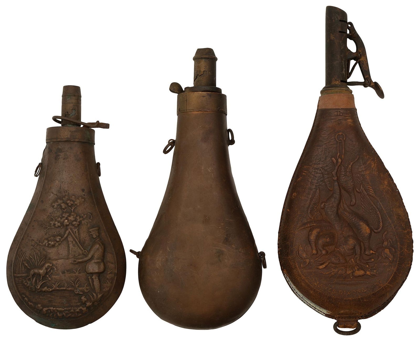 Mid-19th Century Hunter's Bag, Powder and Shot Flasks and Bird Shot: A lot containing two brass powder cans, leather shot pouch, leather hunter's bag and original printed sack of bird shot. Ranging early to mid 19th century. Handle on bag replaced; bag is 9" wide.