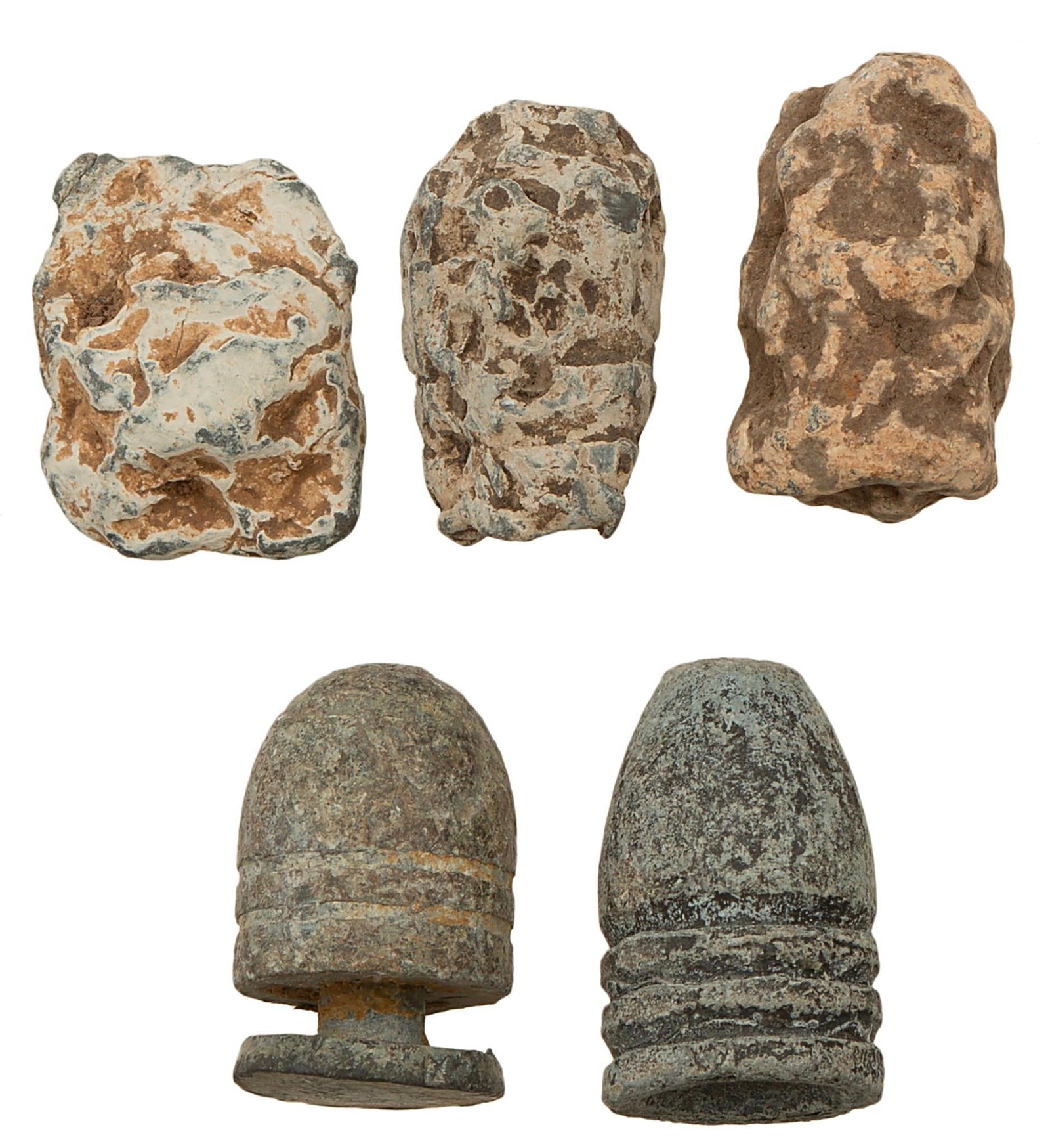 Lot of Civil War Bullets with Surgery-Used Bite Bullets: A group of five excavated Civil War bullets. Includes three with teeth marks, which were used during surgery. Also with a very rare .58 caliber "cleaner" bullet and a .58 caliber Mini ball.
