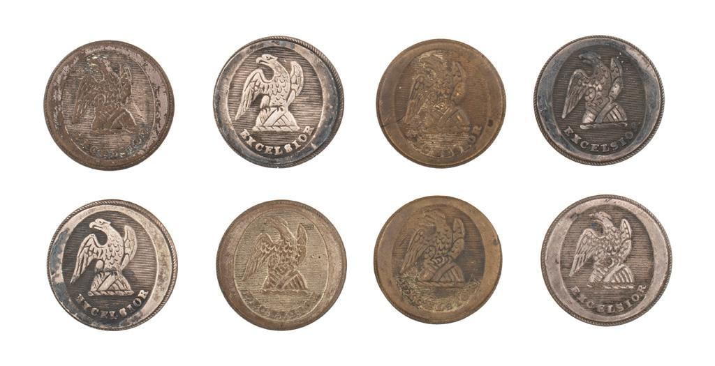 Lot of (8) Eight New York Militia Coat Buttons: Lot consist of 8 one piece New York Militia coat buttons with eagle over "Excelsior". The backs are marked "Treble Standard Extra Rich". All in very good and non excavated.