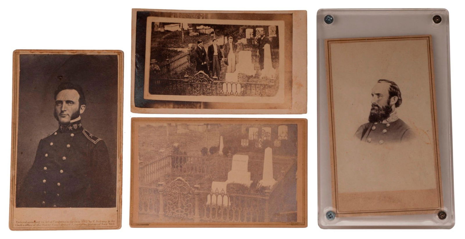 CDVs of Stonewall Jackson and Related: Lot includes 4 images related to Stonewall Jackson, two E. & H.T. Anthony CDV, CDV of Jackson's grave published by Selden & Ennis, and a CDV of John Bell hood and others at Jackson's grave sight. Over