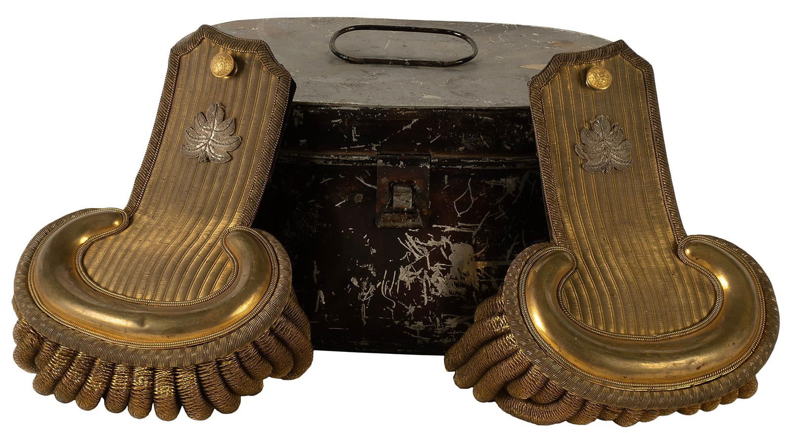 Pair of Epaulettes in Tin Case: American, 19th century gold bullion epaulettes with silver oak leaf, eagle button and complete with tin. Underside of epaulette with purple satin and leather lining. Top of epaulettes with tarnished b
