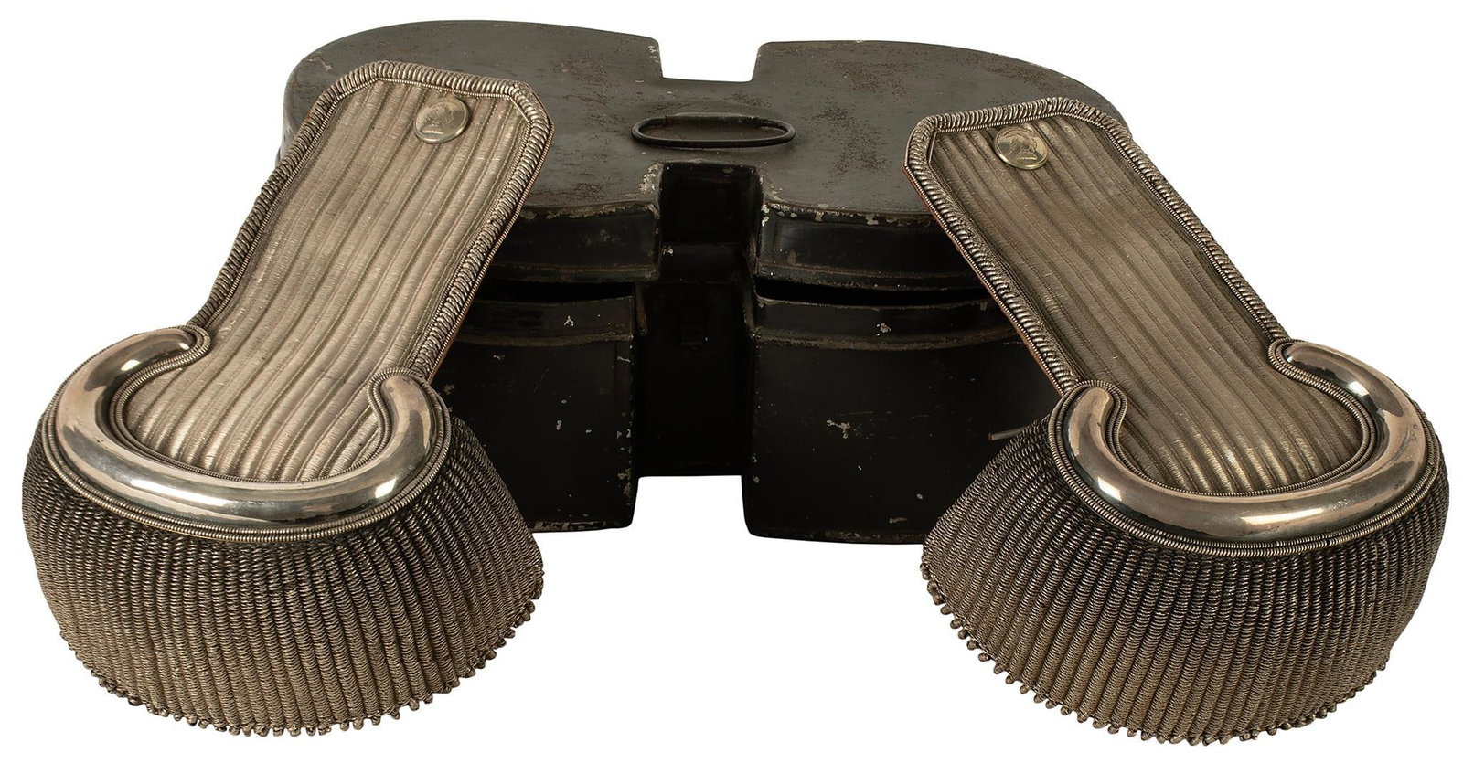 Pair of Silver Epaulettes in Tin Case: American, 19th century silver epaulettes with silver eagle button. Underside of epaulettes with red leather and red velvet lining. Eapulettes are in mint condition.