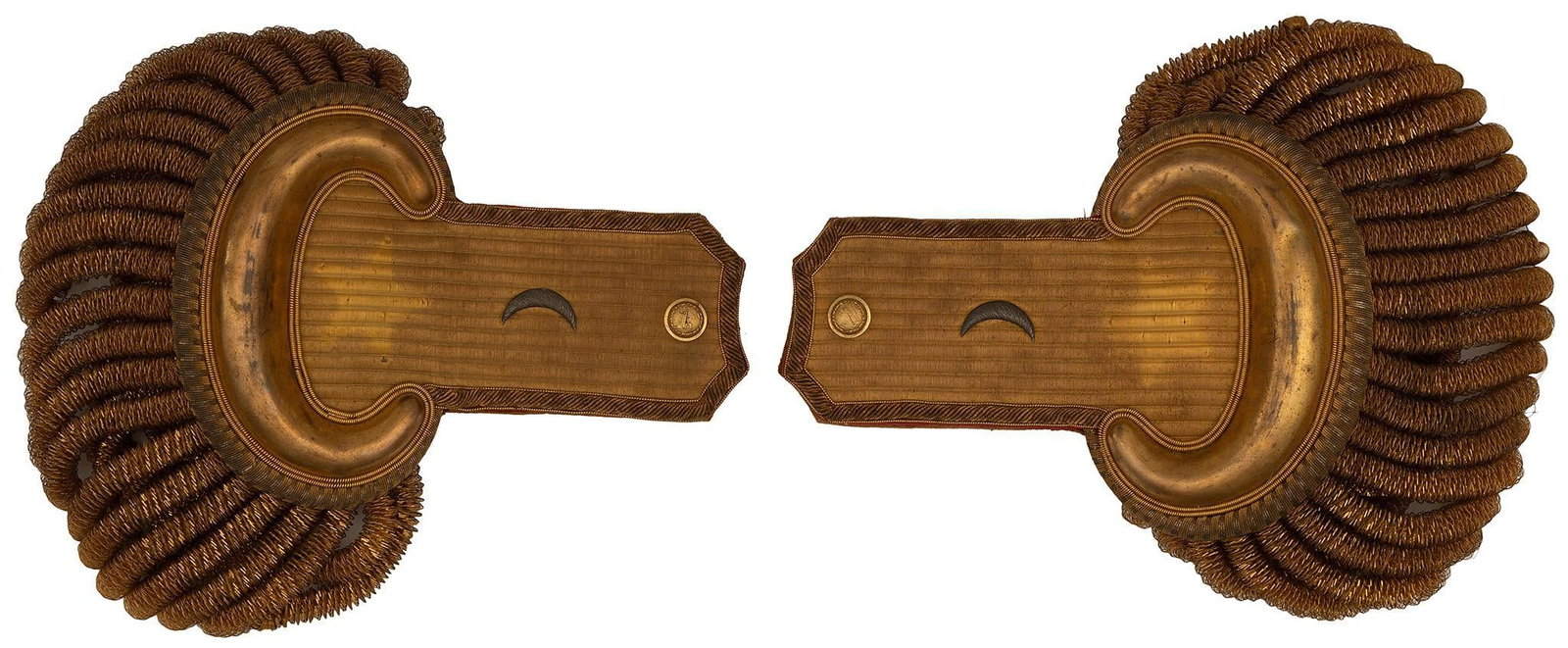Pair of Epaulettes with Silver Crecent Moon: American, 19th century. Possibly from a New Hampshire militia. Underside of epaulettes with red leather and red velvet lining. Excellent condition.
