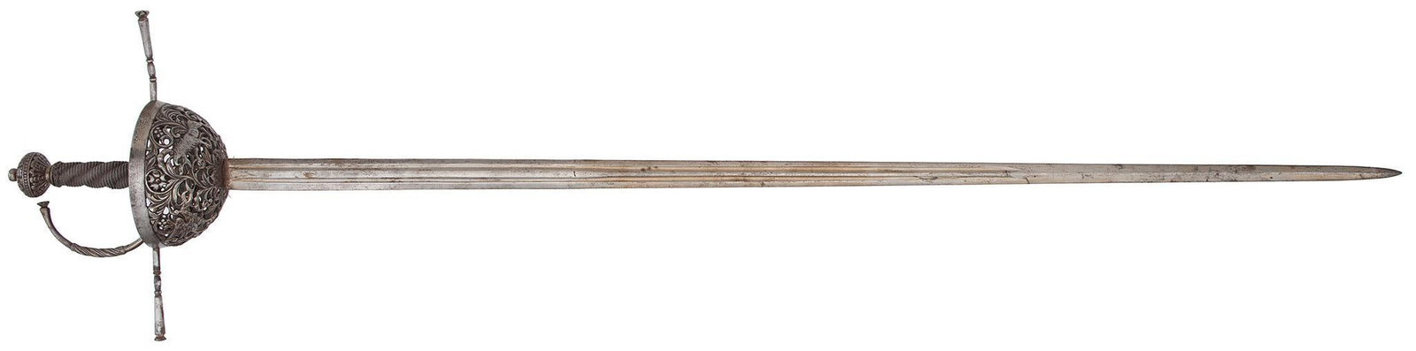 A Good Handsome Pierced And Embossed Continental Cup Hilt Rapier Circa 1635 (?): 40 inch rapier blade with 26 and 1/2 inch long fullers. The cup pierced and embossed with winged equine monsters amid berries, blossoms, and foliage, the beasts well rendered. 11 and 1/4 inch quillion