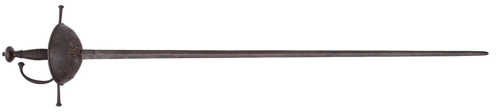 An Attractive French Cup Hilt Rapier With Fine Embossed Cup 18th Century (?): 39 inch stout diamond shaped blade. Cross engraved on right side above the forte. The cup pierced and embossed with crown and flour de lis. The rim with roped edge. 10 inch trumpet shaped quillions. T