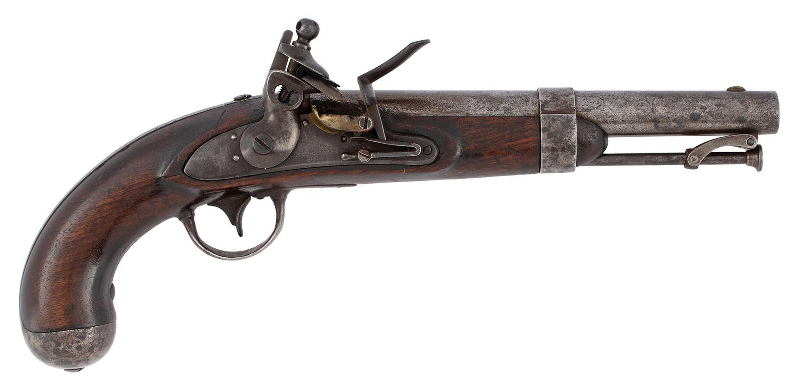 U.S. Model 1836 Waters Flintlock Pistol: .54 caliber, 8.5" round barrel, Marked near the breach in three lines U.S. over L.P. over "P". Lockplate marked A.Waters Milbury Ms and dated 1837, Walnut stock with iron mounts. The barrel is smooth 