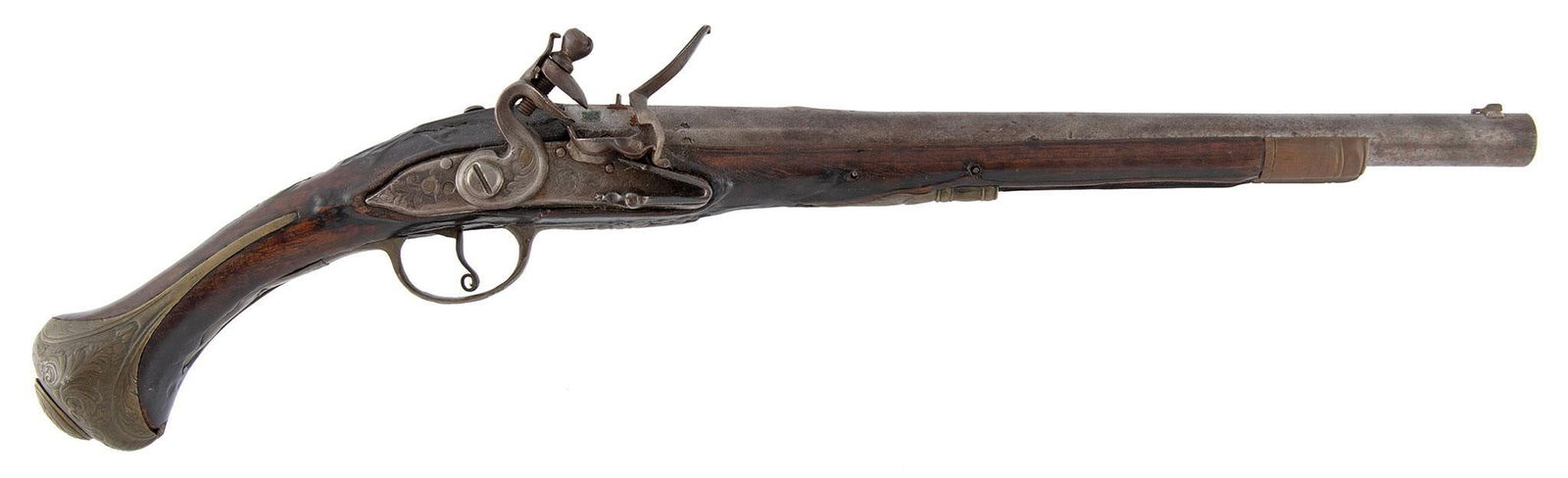 Early Middle Eastern Flintlock Pistol circa 1730s-1750s: .435 bore diameter, 13" barrel length, NSN. Finely engraved lock, hammer and frizzen. Engraved brass furniture and walnut stock. Missing the ramrod. Top of barrel with Middle Eastern proof marks. The