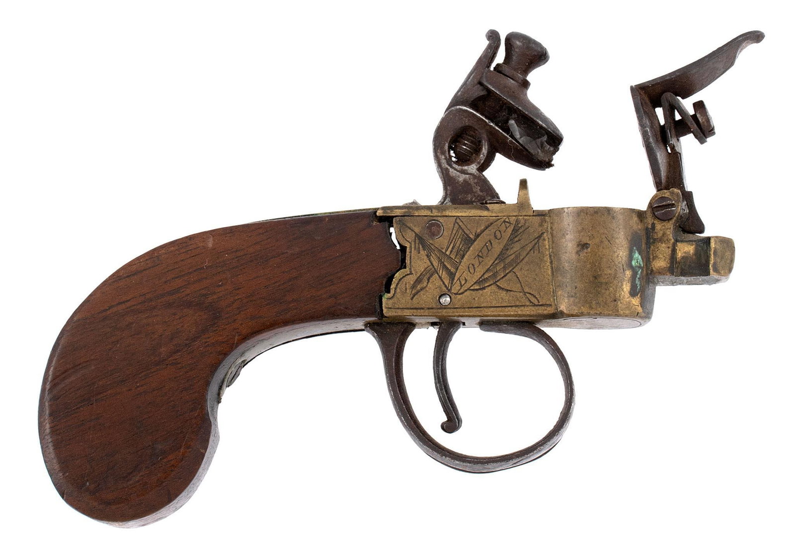 Early to Mid 19th Century Twigg Brass Flintlock Tinder Lighter: Early to mid 19th century brass frame flint tinder lighter. The right side of is engraved and marked "London". The right side is engraved and marked in an oval "Twigg". Overall excellent condition wit