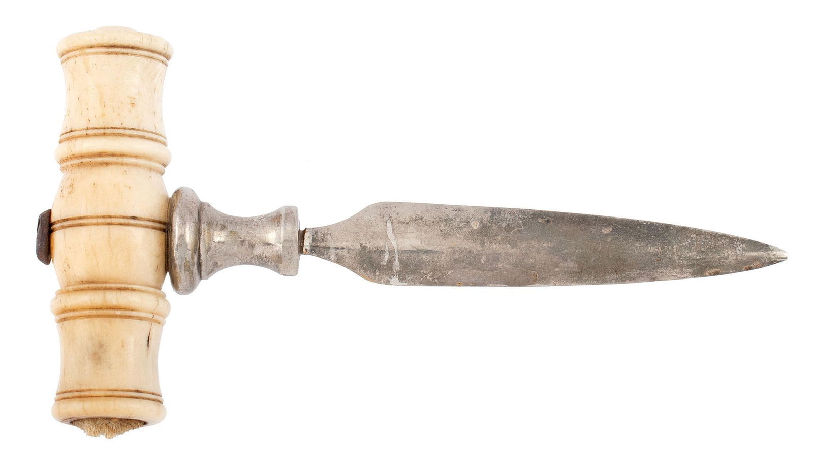 Lovely Bone-Hilt Push Dagger: Very attractive push dagger with a 4" blade and 6" overall length. With a grooved bone hilt fasten to blade with iron screw, the grip is missing the end cap on one side. Light tarnish to the plated bl