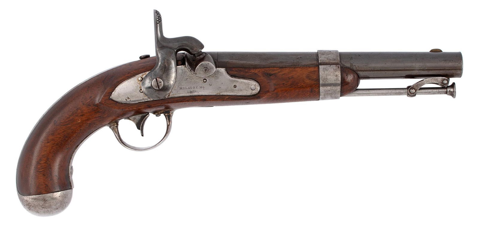 U.S. Model 1836 Waters Percussion SS Pistol: .54 caliber, 8" barrel, converted from flintlock to percussion using a hewes and phillips drum method. Lockplate marked "Milbury MS" and dated "1838". The barrel is smooth and brown. The lockplate has
