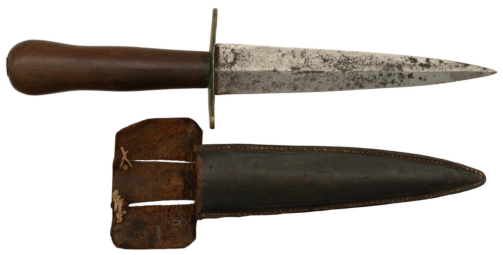 Confederate Bowie Knife: A 11.75 inch spear point blade Confederate Bowie knife with "s" shaped brass guard, hardwood handle and leather sheath; 7 x 1.5 inch blade. Overall good condition.