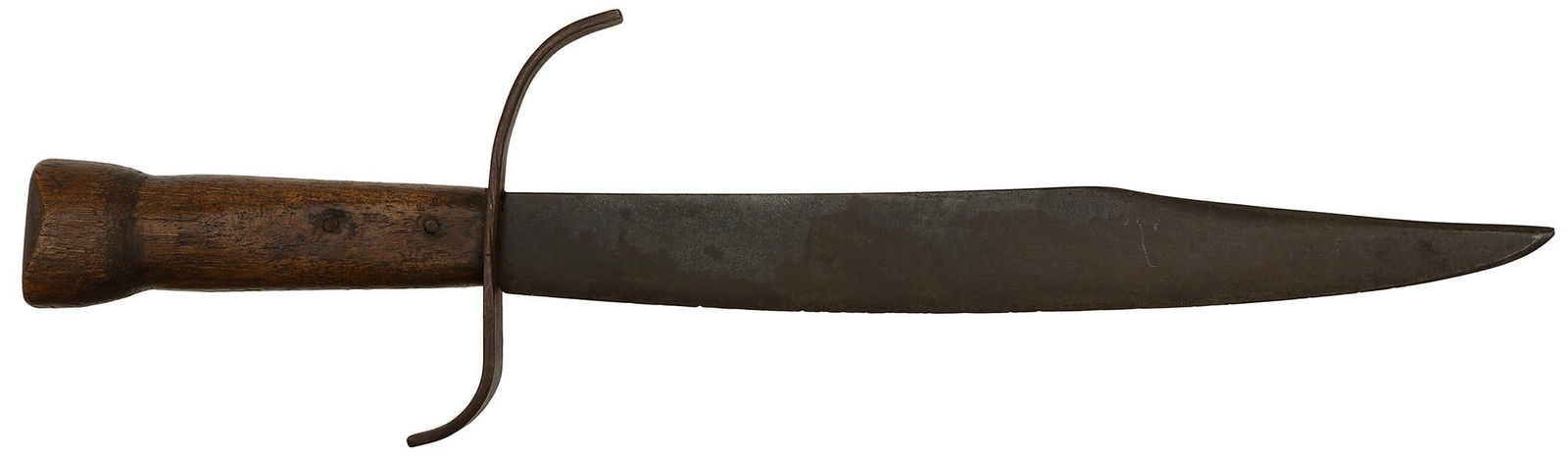 Confederate Bowie Knife: Confederate bowie knife with 11.25" clip point blade length with 4.75" false edge. Overall length of 16". This is a large bowie with a 1.5" blade width. Iron blade with forging marks to iron cross gua