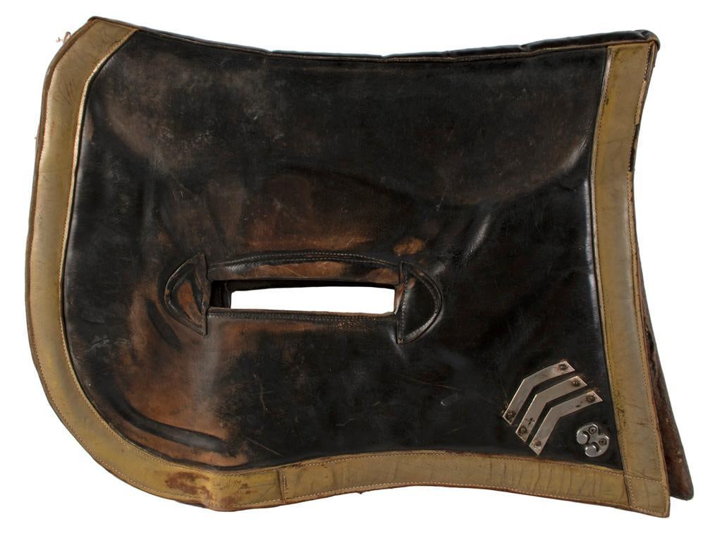 French Officers Saddle Blanket: Heavy Leather with yellow trim around the outer edge and padded. Civil War period could have been used by either Confederate or Union Officers. Very good example displaying age and use.