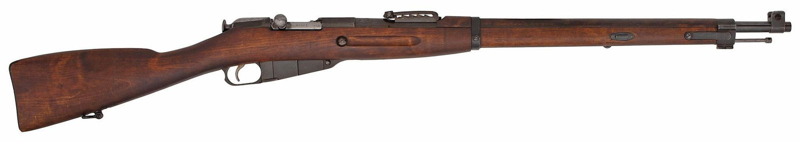 **M27 Ski-Trooper Finnish Mosin-Nagant Rifle: 7.62 X 54R Caliber, 28" barrel, S/N 77057. Blue finish with wood stock and handguard. Marked on the top of the barrel Triangle "T", over serial number and dated "1944". Retaining most of the arsenal b