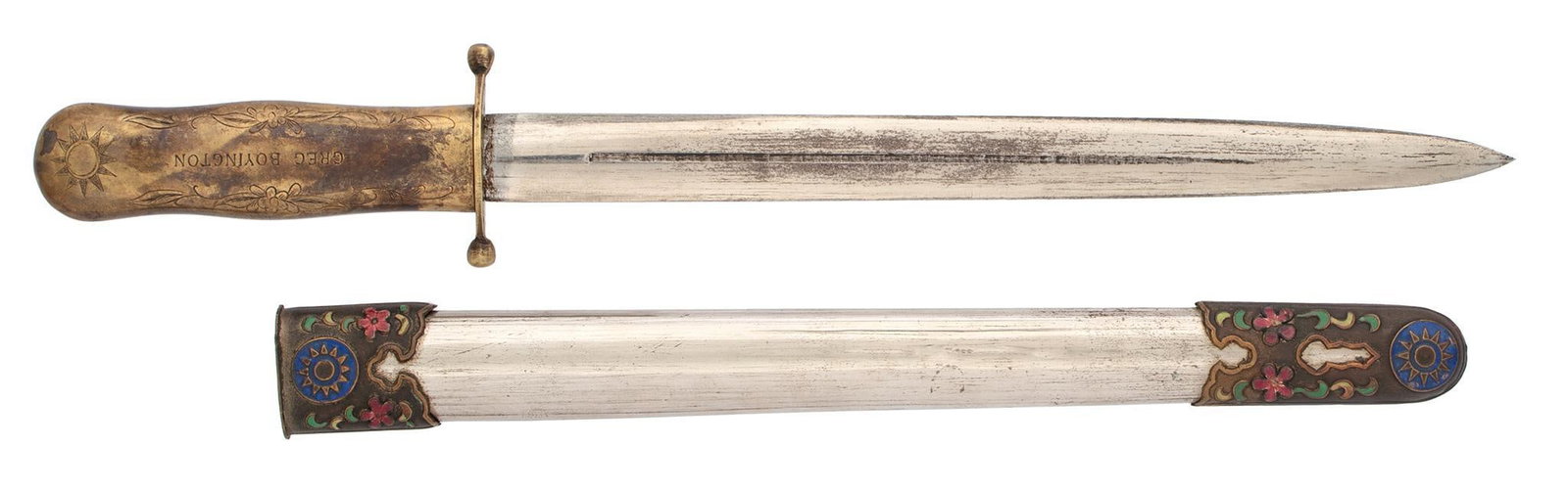 Commemorative Knife Belonging to Gregory "Pappy" Boyington CMOH, AVG/Marine Flyer: A hefty spear point knife of Asiatic origin - Chinese or Burmese - made with brass hilt inscribed in block lettering "GREG BOYINGTON" on one side and "AMERICAN VOUNTEEER GROUP/CHINA" on the opposite s