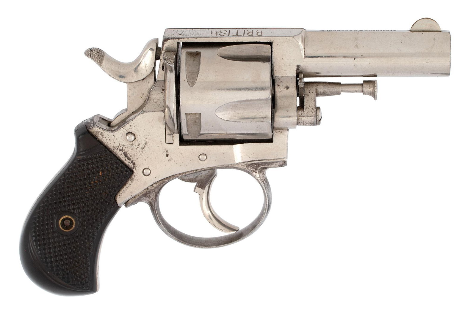 British Bulldof Pistol: .450 Eley caliber, 2.625" round barrel, S/N 7890, Marked on top of the barrel Forehand & Wadsworth. Nickel finish with checkered hard rubber grips. This revolver retains nearly all of the nickel f
