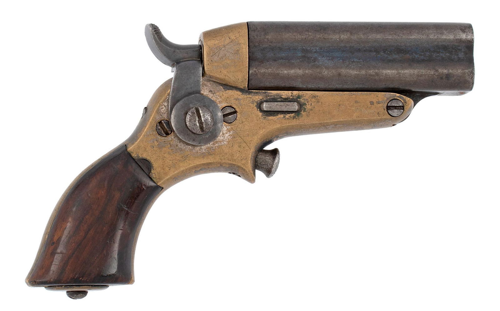 Starr Button Trigger Four Shot Pepperbox: 32 caliber RF, 2.75" barrels, S/N 2 M, Silver plated brass frame, blued barrels, Rosewood grips. Marked Starr's Patent on the outer edge of the sideplate. The barrels retain a lot of the original blue
