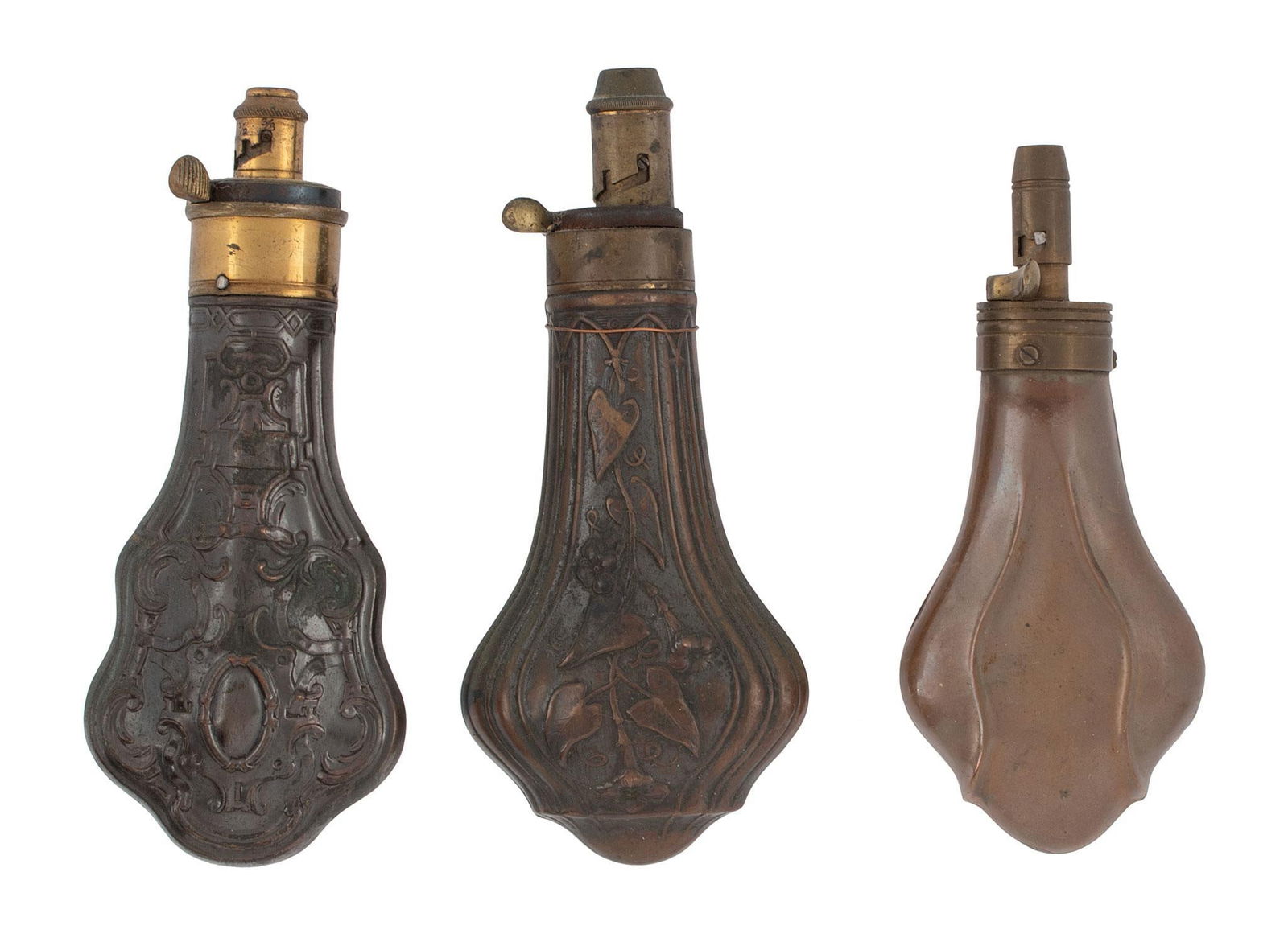 Lot Of Three Small Pocket Pistol Flasks: One Violin shaped small pocket flask, retaining nearly all of the lacquer finish. One Peacock design flask. in very good condition with a little wear to the high edges of the lacquer. A small plain fl