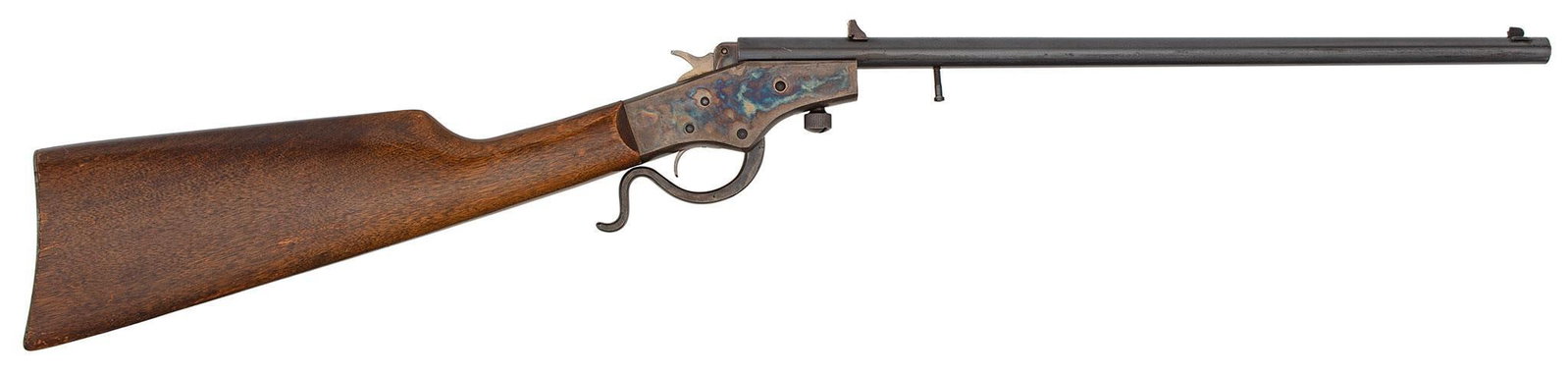 **Stevens Crack-Shot Model 26 Rifle: 22 Long Rifle, 17" round barrel, NSN, Blue barrel case colored frame with walnut buttstock, missing the forearm. Barrel retains all of the original blue finish, with some staining on both sides of the