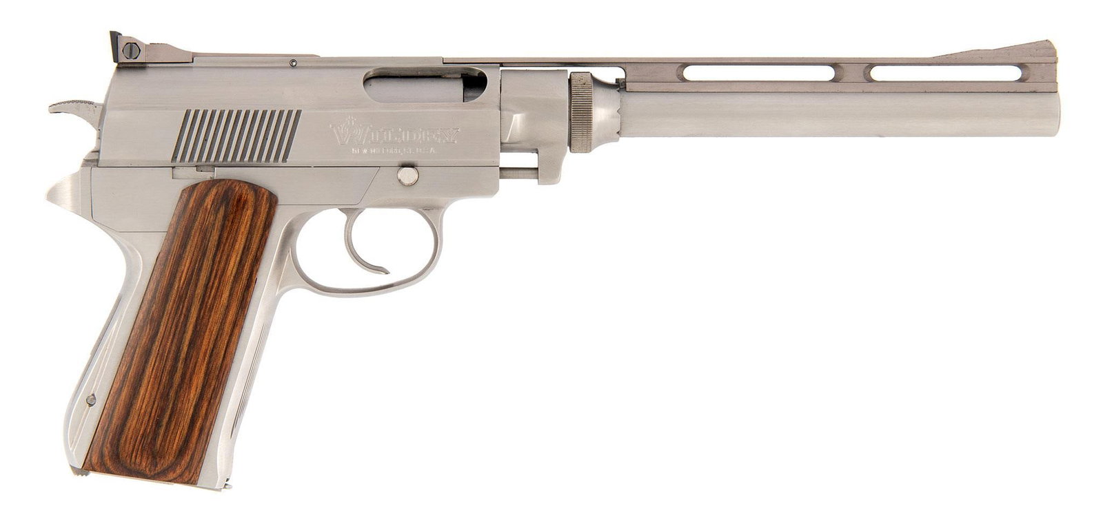 *Wildey Survivor Auto Loading Pistol: 45 Win Mag Caliber, 8" barrel, S/N 3043, Stainless steel. Laminated custom wood grips. In the original box with hanging tags. Like new in the box. This is a hard to find pistol for sale.