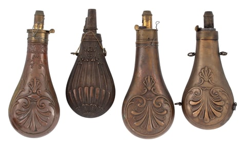 Lot Of Four Shell Design Powder Flasks