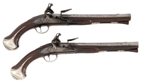 A Rare & Fine Pair Of Queen Anne Silver Mounted English Holster Pistols By Henry Delaney Circa