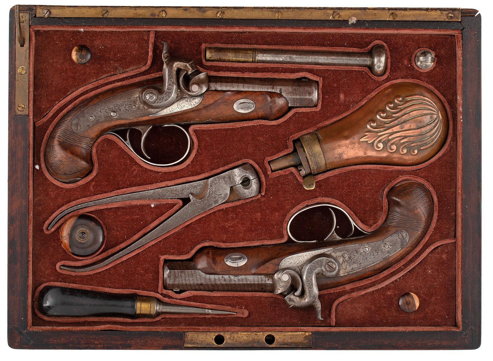 Cased Pair Of American Made Percussion Derringers By The Renowned J.M. “Gunsmith?? Jones: The sideplate is unique to J.M. Jones as they are all the same design. .40 caliber, 3" octagonal barrels, patent breech, notched rear sight on the breech plug, blade front sight. Finely bank note styl