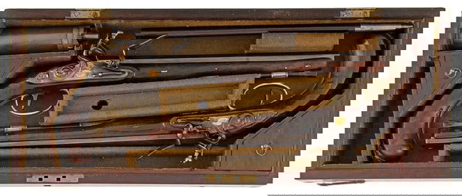 Rare Cased Pair Of Silver Britannia Mounted Wogdon Flintlock Dueling Pistols Circa 1780