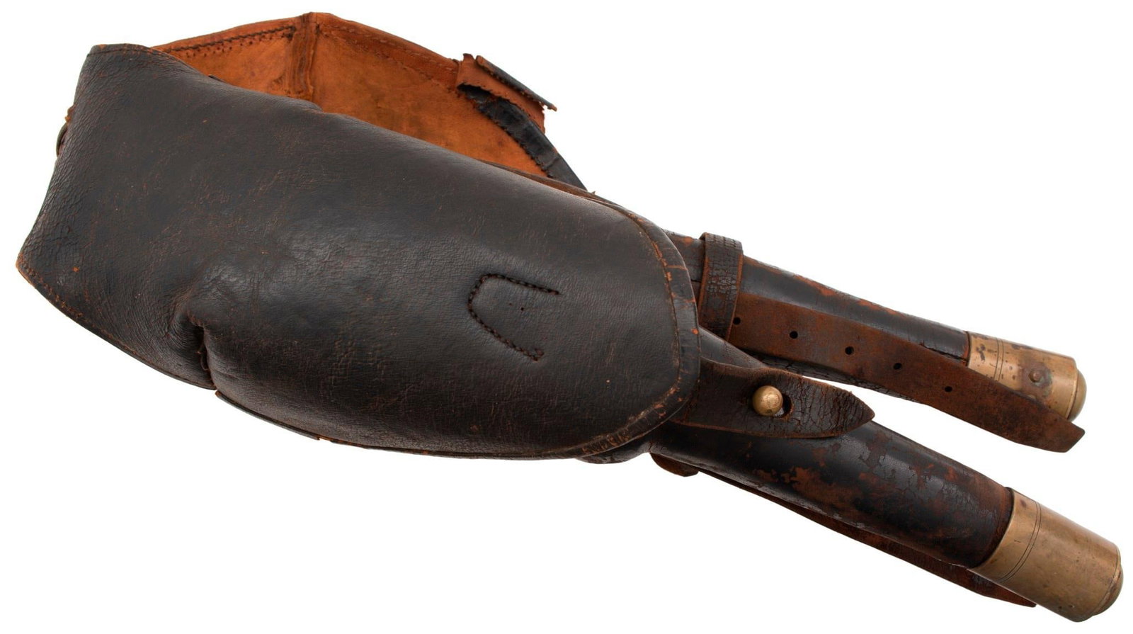 Pair of Leather Pommel Holsters: American 19th Century leather and decorated with brass furniture. Leather is crazed. Overall very good condition for its age.