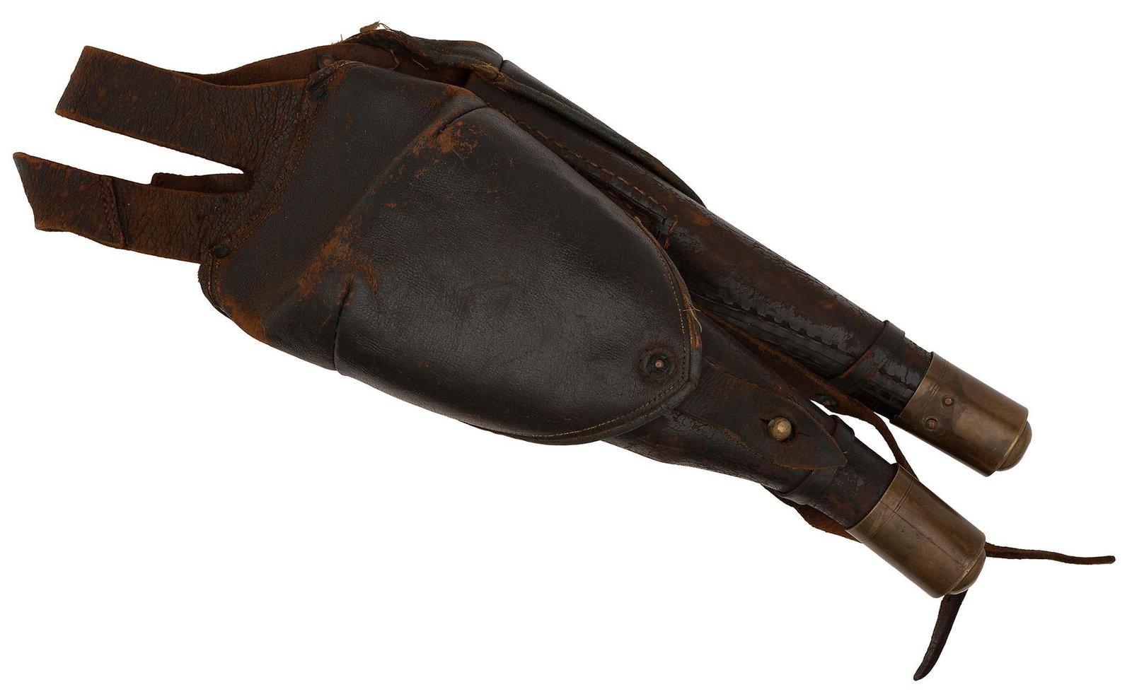 Pair of Leather Pommel Holsters: American 19th century dark brown leather pommel holsters with brass furniture. Very good condition with some crazing to the leather.