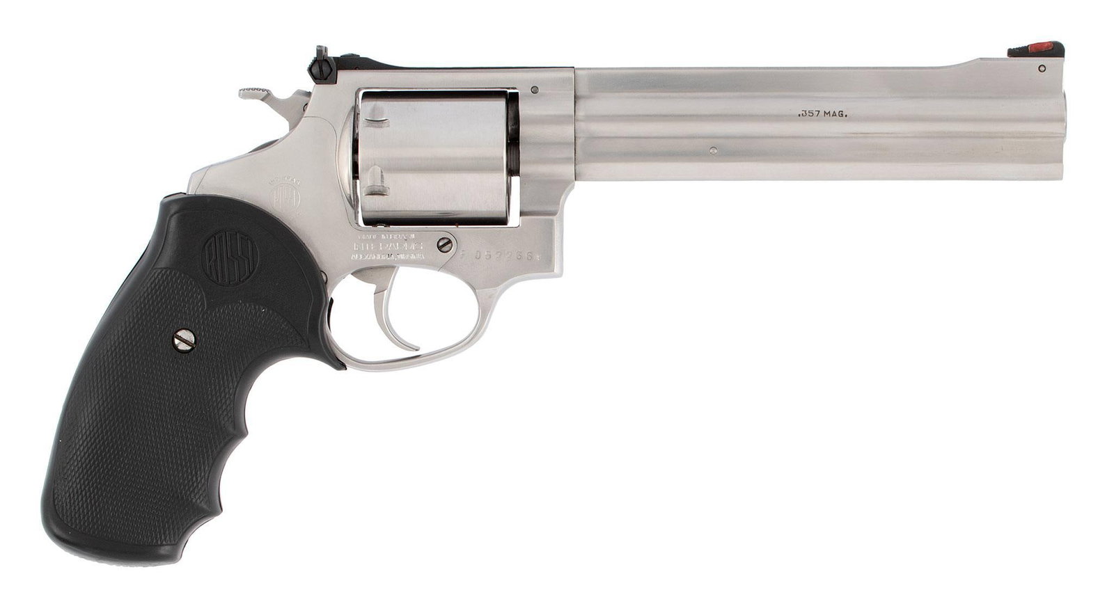 *Rossi Stainless Steel Revolver: .357 Mag caliber, 6" barrel, S/N F 052266, stainless steel, rubber Rossi logo target grips. Overall excellent.