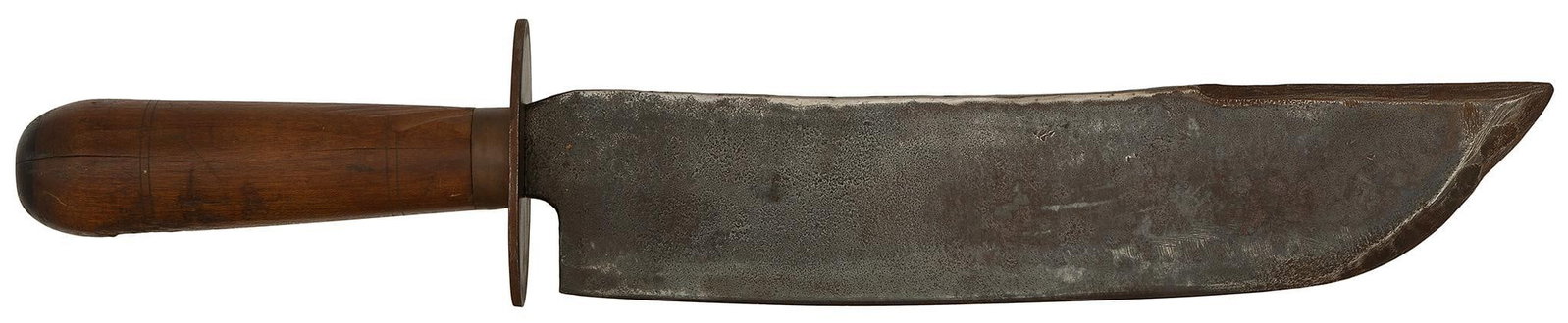 American Buffalo Hunters Knife: A 16.5 inch American hunting knife with sheepfoot point blade, oval guard with cherrywood handle; ht. 11 x 2.25 inch blade. Overall good condition. Hairline age splits in handle.