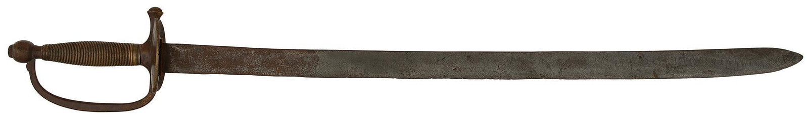Pattern 1840 NCO Sword: 27.5" blade, Brass handle with brass cup guard. During its period of use the blade has been reworked for what ever use they needed. The blade has been reshaped. It has an old tag that suggests possibl