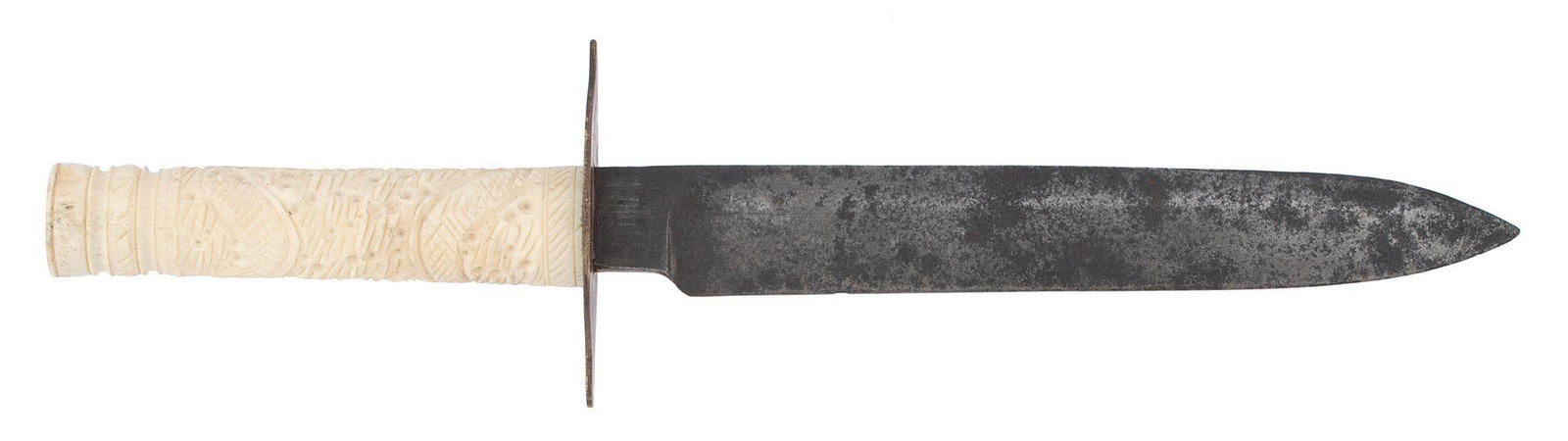 A Joseph Rogers & Sons Sheffield Bowie Knife: An English 11.5 inch Bowie knife by Joseph Rogers & Sons of Sheffield, with spear pointed blade and Rogers hallmark on blade, shaped handguard with carved bone handle; 7 x 1 inch blade. Overall go