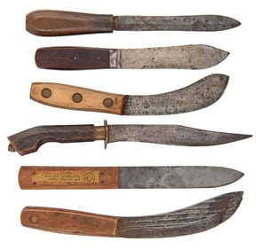 A Group Primitive Skinning Knives  and a Bowie Knife