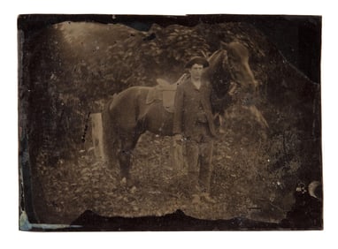 Quarter Plate Tintype of a Possible Confederate with Horse Mounted with Confederate Jenifer Saddle