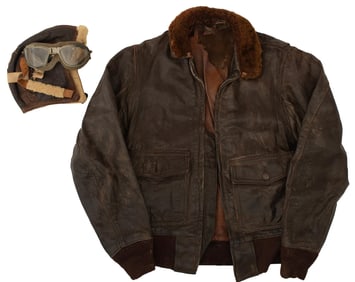 WW2 War Era Army Air Force Leather Bomber Jacket & Flight Cap With Goggles Lot of 4