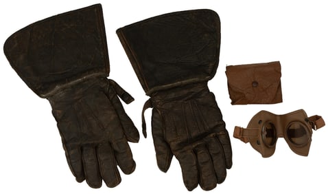 Vintage WW2 Era Leather Gauntlet Motorcycle Gloves & Goggles Lot of 2