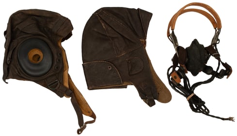 Early 1920's & WW2 U.S. Army Air Force Flight Leather Flight Helmets & Radio Headset Lot of