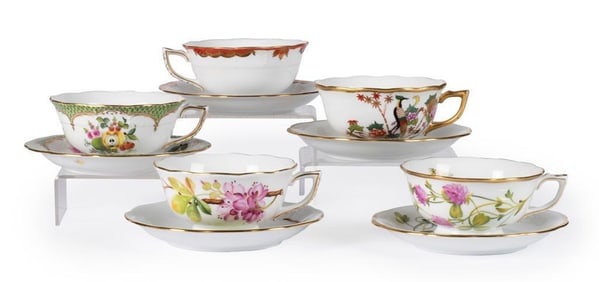A Group of 5 Herend Porcelain Teacups and Saucers
