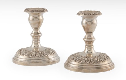 A Pair of S. Kirk & Son Sterling Repousse Candle Holders