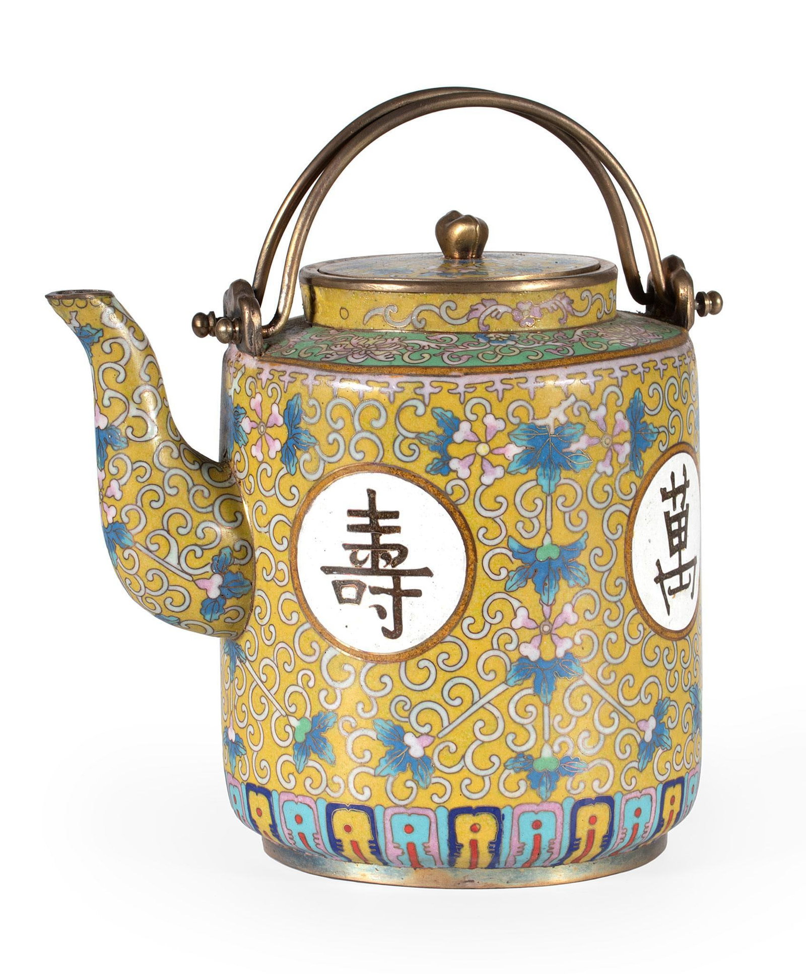 A Chinese Cloisonne Teapot: Chinese, 20th century. A Chinese cloisonne teapot with overall foliate design and character paneling, double handle and removable lid with 4 character mark to base; ht. 7, wd. 7.5, dp. 5.5 inches. Ove