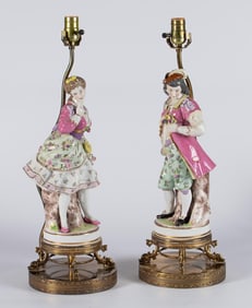 A Pair of Continental Hand Painted Porcelain Figural Lamps